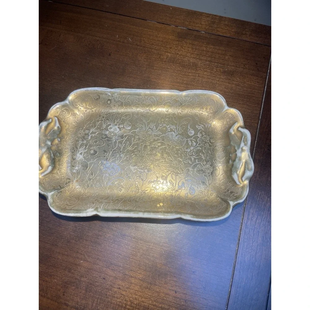 Vtg STOUFFER German SMALL GOLD LEAF Engraved OVER PORCELAIN TRAY Vanity Dish